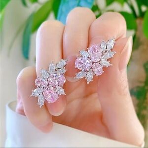 3 Ct Pink Oval CZ Flower Stud Earrings 14K White Gold Plated NWT